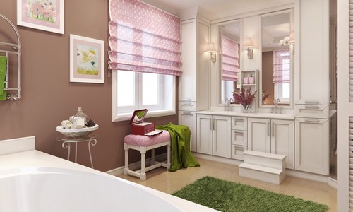 Bathroom with pink Roman shades
